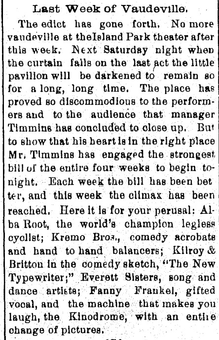 Elkhart Review, Elkhart, Indiana, July 20, 1903 — Island Park Theater advertisement including Kremka act