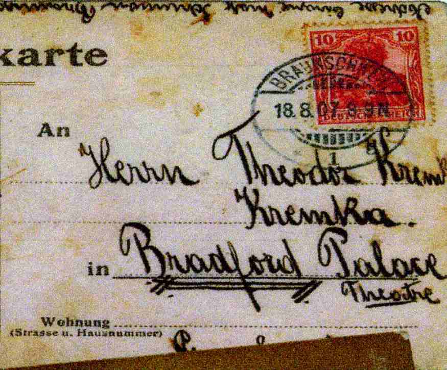 Postcard from Elvira to Theodor, August 1907 — reverse (detail 1)