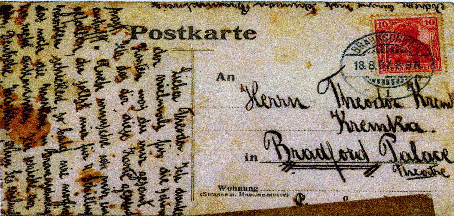 Postcard mailed to Theodor Kremka at Bradford Palace Theatre, Bradford, England on August 18, 1907 by Elvira Kremo from Braunschweig, Germany — front