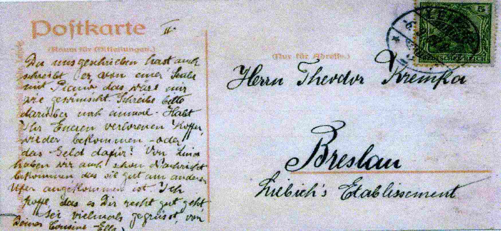Postcard mailed to Theodor Kremka at Liebich's Etablissement, Breslau, Germany on June 9, 1909 by Elvira 'Ella' Kremo — front