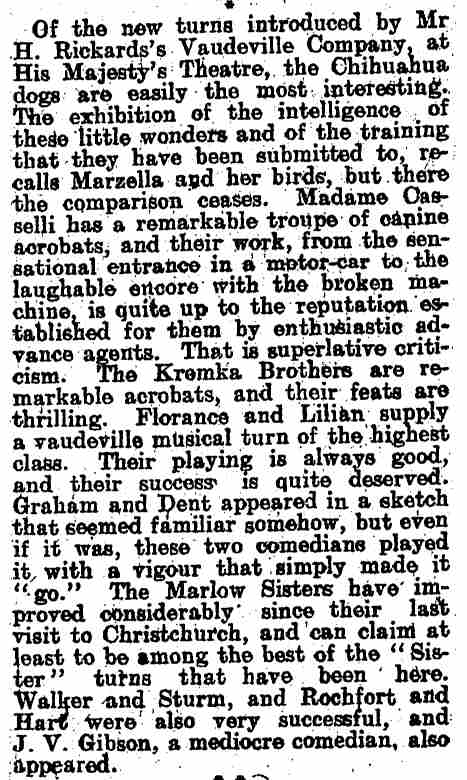The Star, Christchurch, New Zealand, November 11, 1909 — listing for His Majesty's Theatre including Kremka Brothers