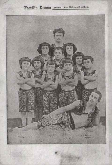 Kremo family of acrobats, early 1890s — Karl, Ella, Lina, Theodor Kremka, Anton Krempka, Sylvester Kremo