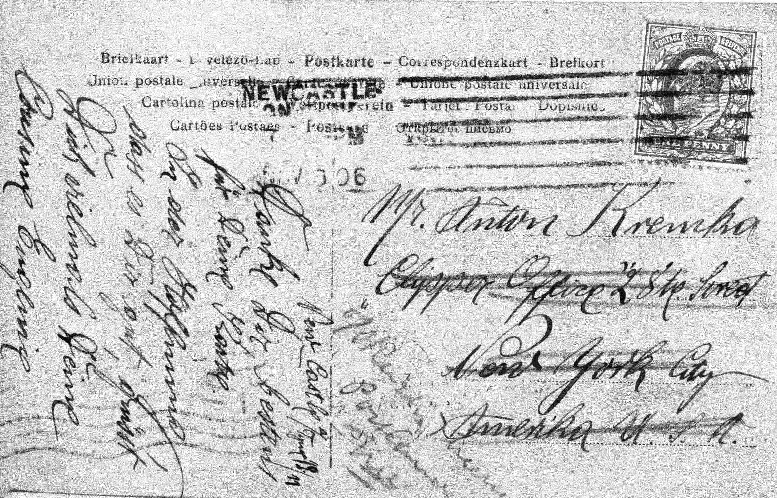 Postcard from Eugenie Kremo to Theodor Kremka, November 1906 — message side