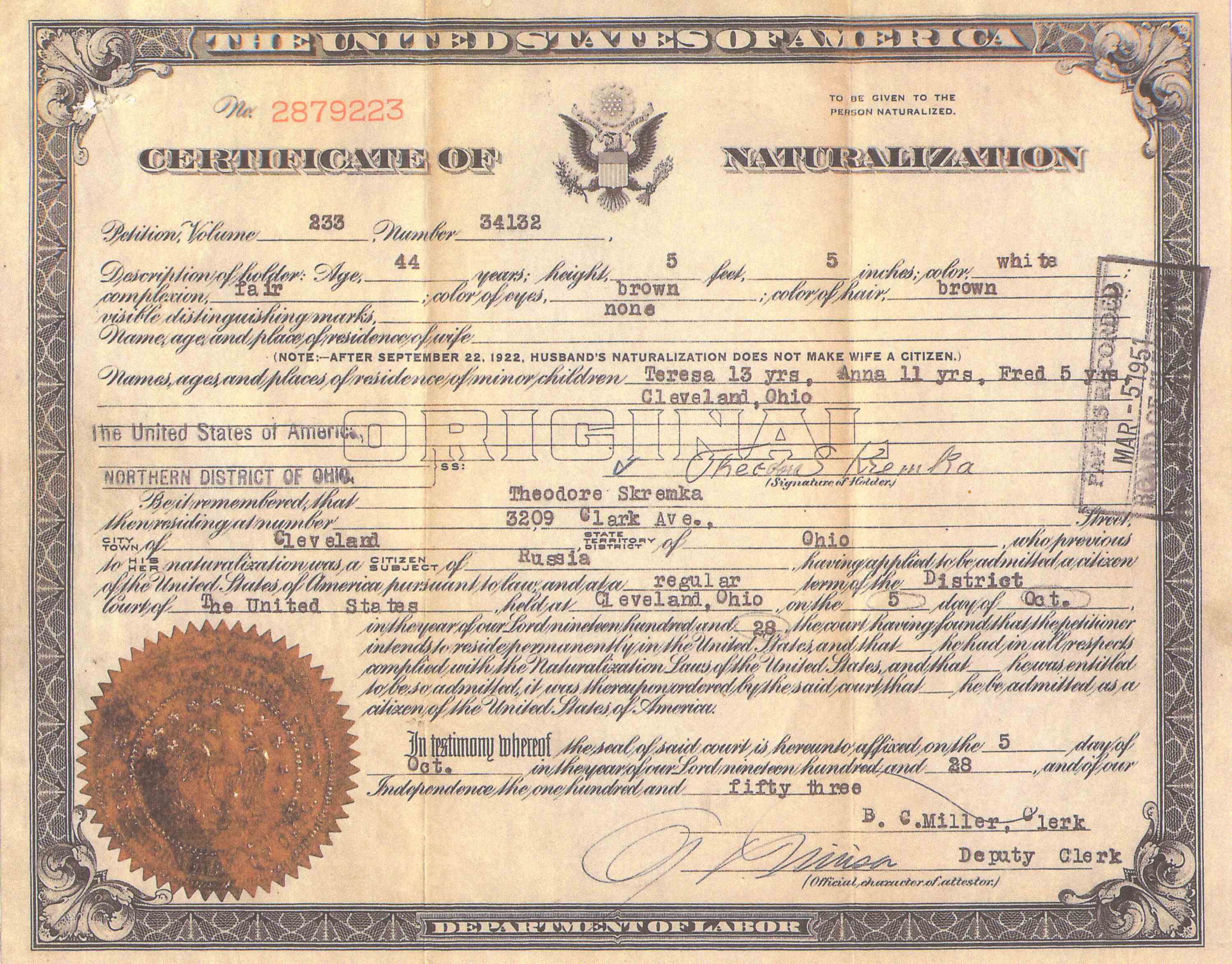 Theodor Kremka, Cleveland Citizens Bureau school certificate
