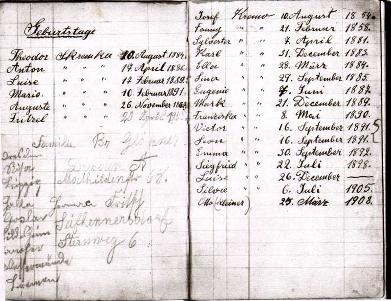 Theodor Kremka's notebook — birthday pages showing Kremka and Kremo family members