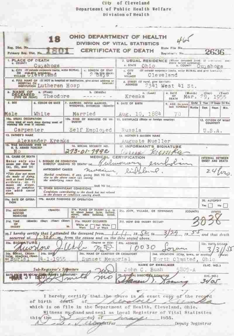 Theodor Kremka death certificate