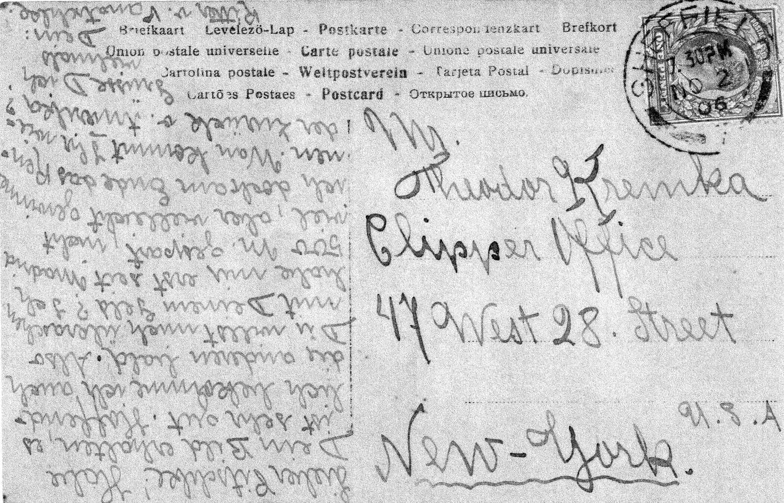 Postcard mailed to Theodor Kremka from Sheffield, England to New York City, November 2, 1906 — front