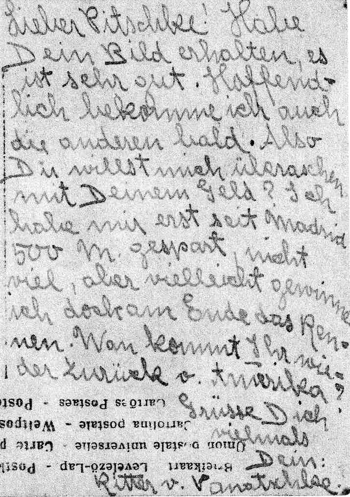Detail of postcard from Karl Kremo (‘Ritter v. Vanstchke’) to Theodor Kremka (‘Lieber Pitschke’), November 1906