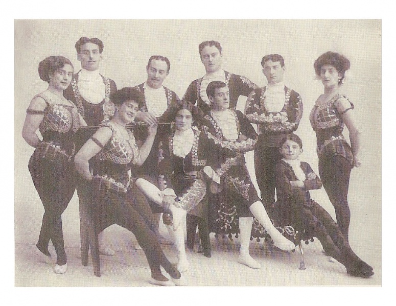 The Kremo Troupe c.1915. Standing, from left to right: Emma, Léon, Sylvester, Karl, Mark, Elvira; Seated, left to right: Eugénie, Emma, Viktor, Albert