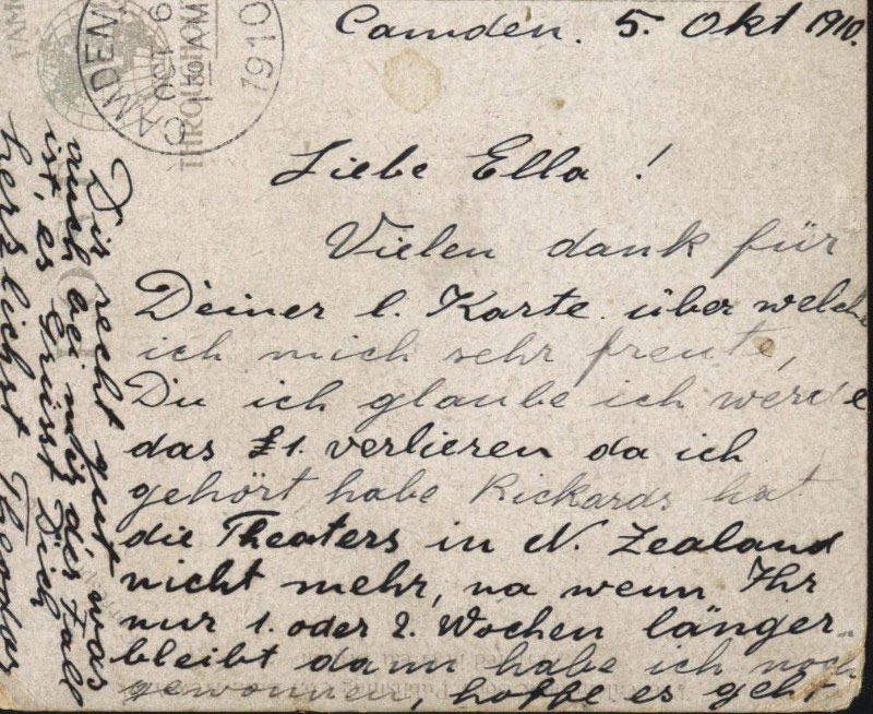 Detail of the postcard address and forwarding notation