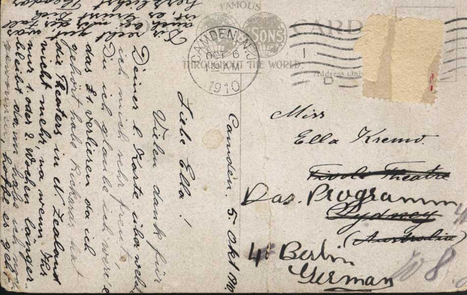 The front of the postcard, showing Camden, NJ origin and Sydney, Australia address