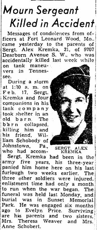 Sergeant Alex Kremka, Cleveland Police Department, February 27, 1944 — son of Theodor, killed in World War II