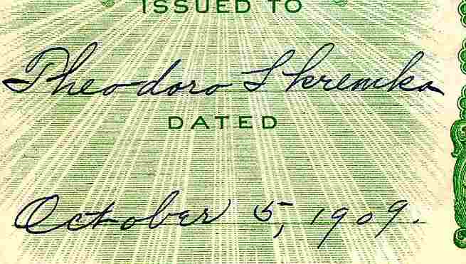 Theodor Kremka's signature on bogus stock certificates from the family collection, matched by Paul Wember