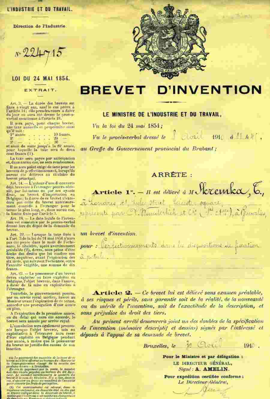 Theodor Kremka's Belgian patent for a boot fastener, 1910 — page 1