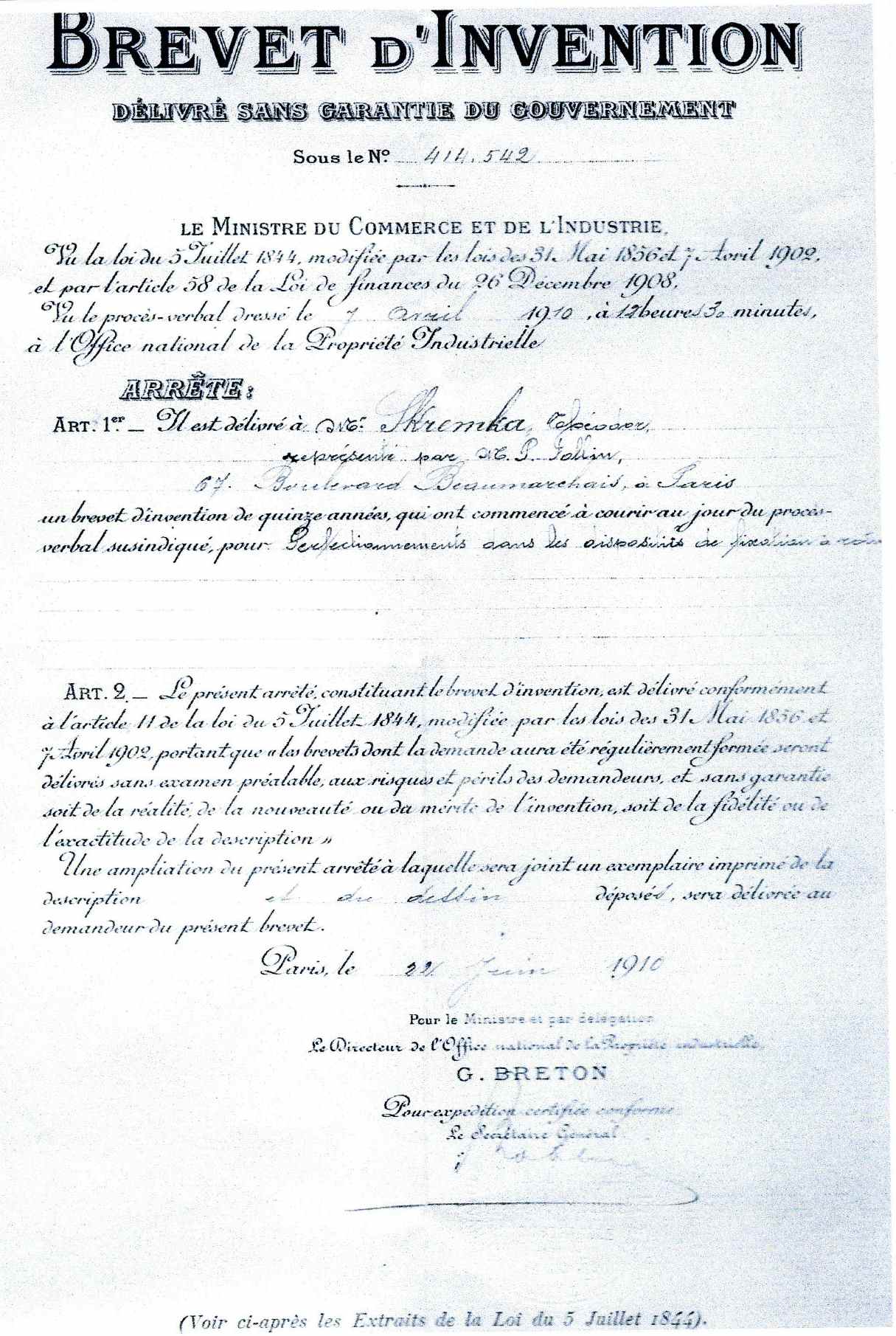 Theodor Kremka's French patent for a boot fastener, 1910 — page 2