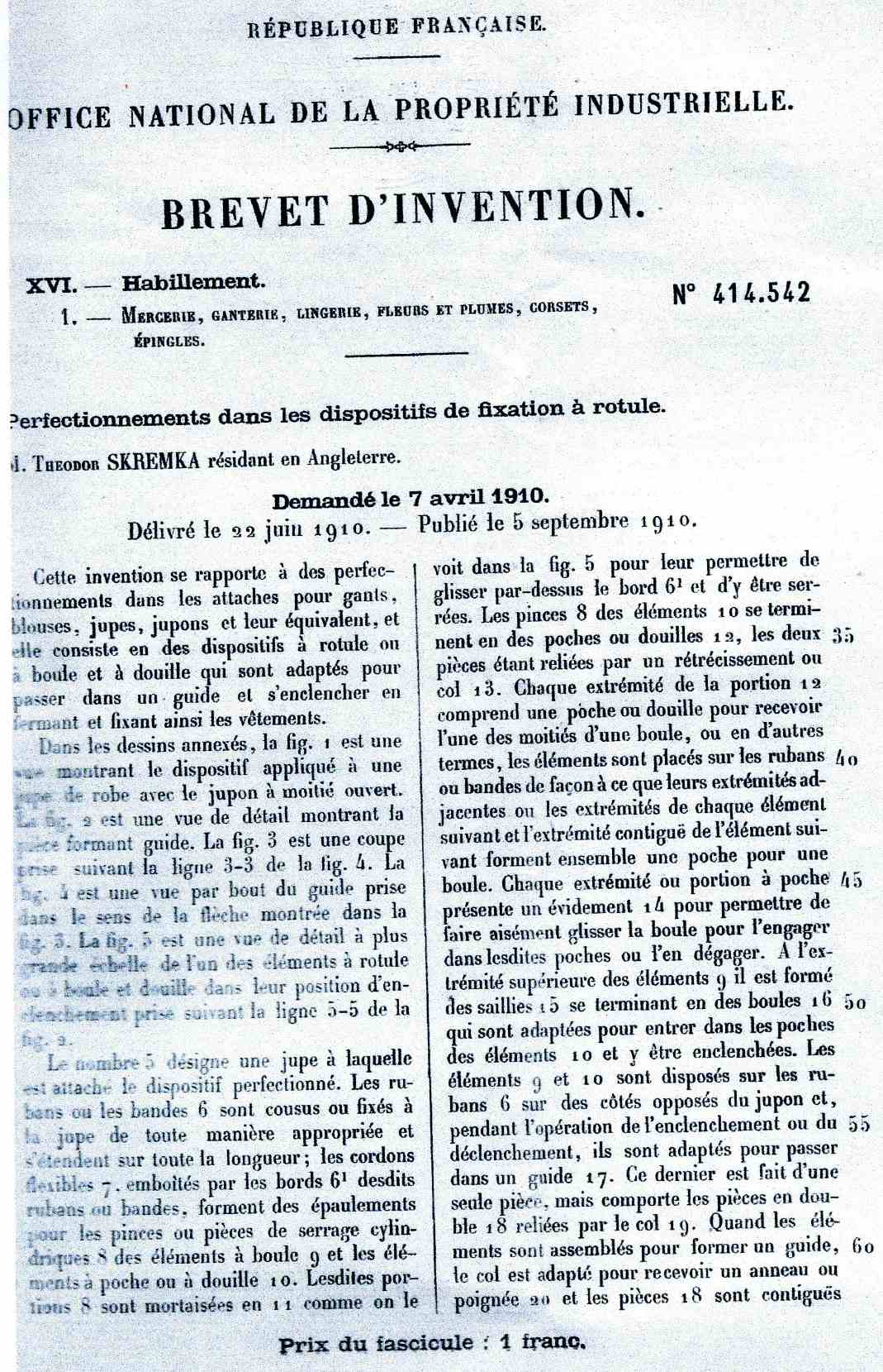 Theodor Kremka's French patent for a boot fastener, 1910 — page 3