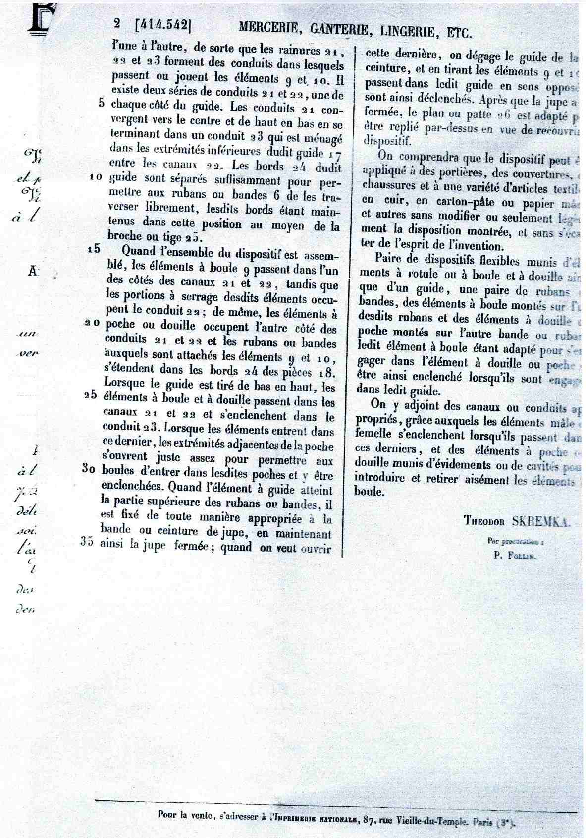 Theodor Kremka's French patent for a boot fastener, 1910 — page 4
