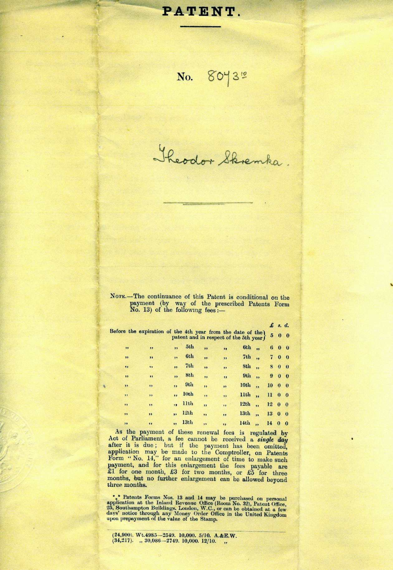 Theodor Kremka's British patent for a boot fastener, 1910 — page 1