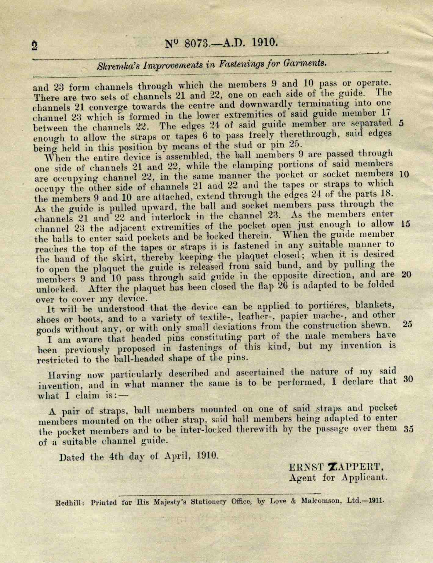 Theodor Kremka's British patent for a boot fastener, 1910 — page 4