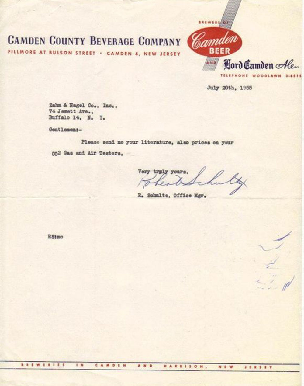 Letter to Camden County Beverage Company - July 30th, 1955