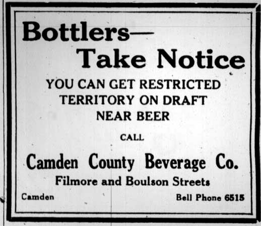 Camden Beer Bottlers Take Notice advertisement - Camden Courier-Post - January 3, 1928