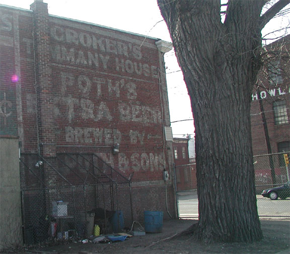 The brewery stood on Fillmore Street between Chelton Avenue and Bulson Street along the railroad tracks, and backed onto 6th Street. It no longer stands. In its place is an industrial site. The only apparent vestige of the once great brewery in Camden is this advertisement on the North wall of American Legion Post 274, Broadway & Jefferson Street in Camden, just a block northwest of where the brewery operated.