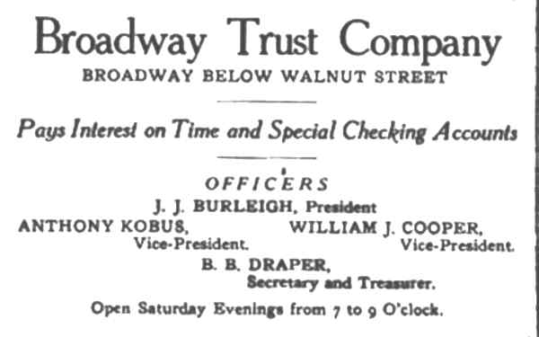Broadway Trust Company advertisement in Patriotic Sons of America Banquet Program, 1915