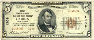 Five dollar bill — front — issued by First Camden National Bank and Trust Company, 1929