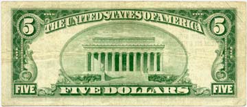 Five dollar bill — reverse — issued by First Camden National Bank and Trust Company, 1929