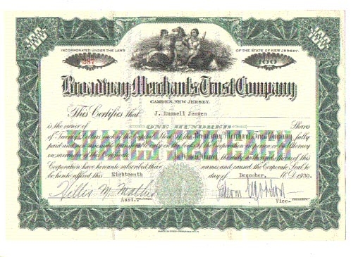 Broadway Merchants Trust Company stock certificate issued to J. Russell Jensen, December 16, 1930