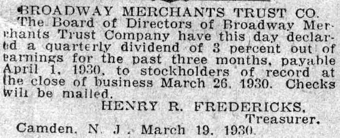 Broadway Merchants Trust Company dividend notice, Camden Courier-Post, March 29, 1930