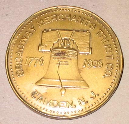 Broadway Merchants Trust Company brass commemorative disc, 1926 Sesquicentennial