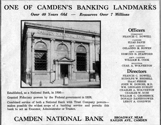 Camden National Bank at Broadway and Sycamore Street, 1926