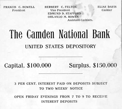 Camden National Bank advertisement, Camden High School Purple and Gold Yearbook, 1919