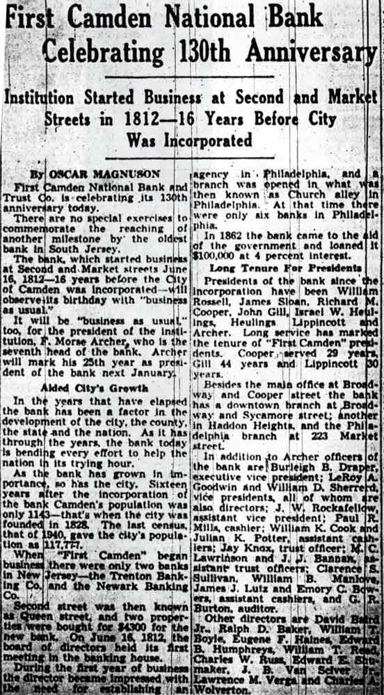 First Camden National Bank Celebrating 130th Anniversary, Camden Courier-Post, June 16, 1942