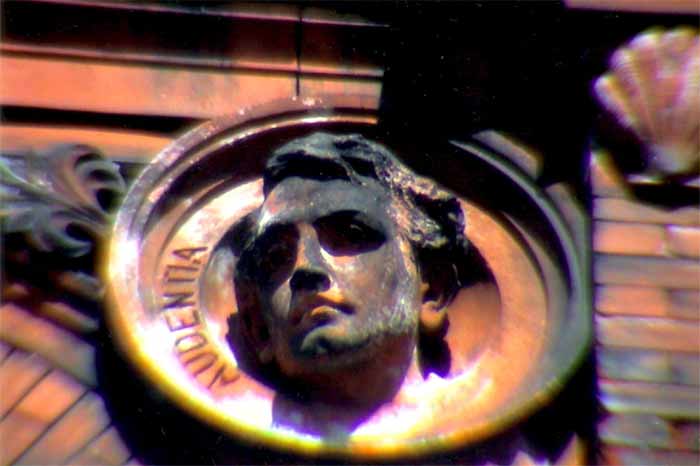 Audentia — decorative face on Security Trust building facade