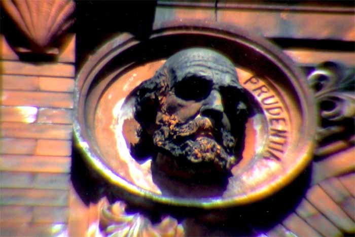 Prudentia — decorative face on Security Trust building facade