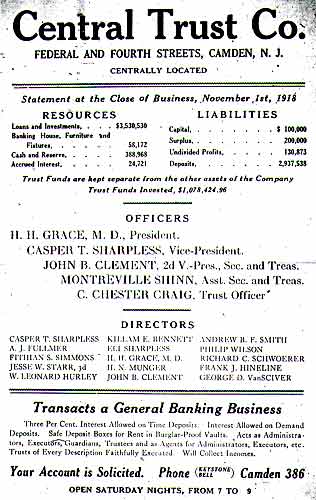 Central Trust Company, Camden City Directory advertisement, 1919