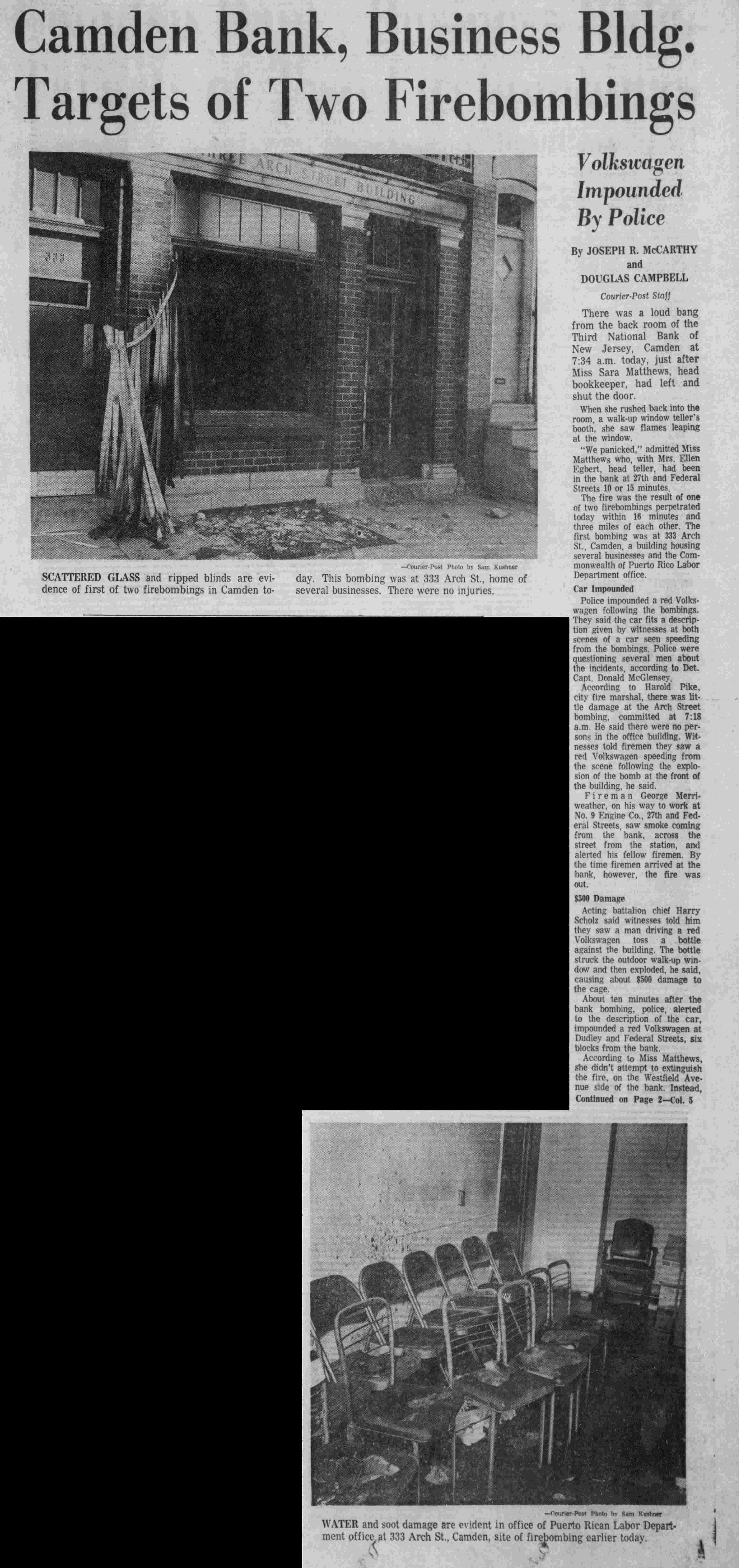 Camden Courier-Post December 22, 1971 — Camden Bank, Business Bldg. Targets of Two Firebombings