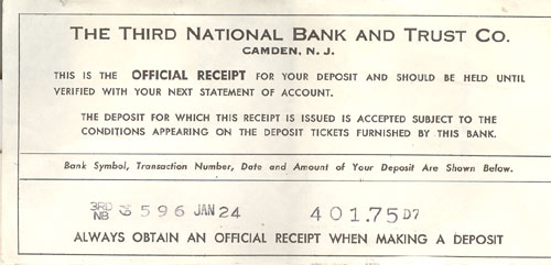 Third National Bank deposit receipt, January 24, 1964