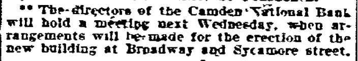 Camden National Bank new building announcement, Philadelphia Inquirer, January 21, 1905