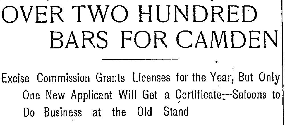 Philadelphia Inquirer, January 7, 1904 — Over Two Hundred Bars for Camden, headline