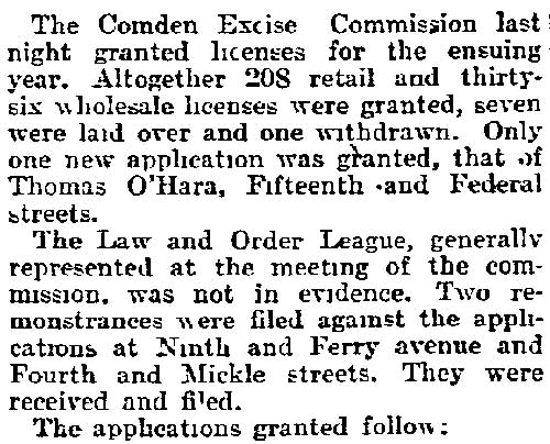 Philadelphia Inquirer, January 7, 1904 — Over Two Hundred Bars for Camden, subheadline and opening