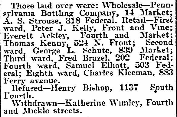 Philadelphia Inquirer, January 7, 1904 — Wholesale applications and laid over, refused, withdrawn