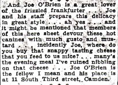 Philip A. Glass advertising column, Camden Courier-Post, October 3, 1936 — Joe O'Brien's at 11 South Third Street