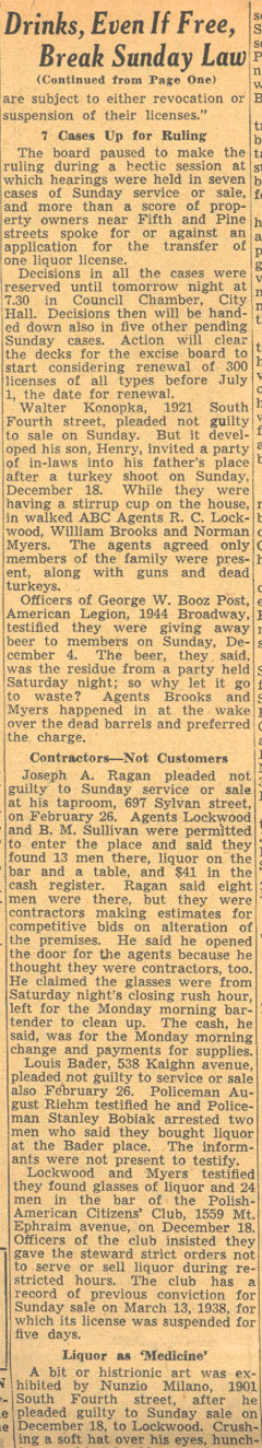 Drinks, Even If Free, Break Sunday Law — Camden Courier-Post, June 14, 1939, column 2