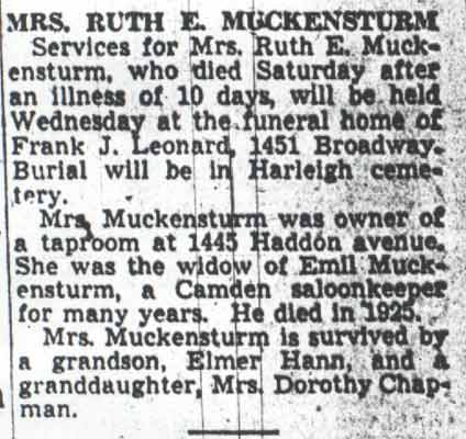 Obituary for Mrs. Ruth E. Muckensturm, Camden Courier-Post, May 3, 1942