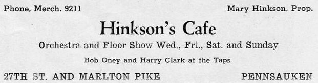 Advertisement for Hinkson's Cafe in the 1943 St. Joseph's Church Golden Anniversary Yearbook