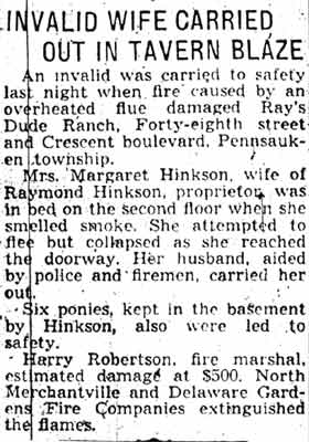 Article about a fire at the Hinkson property on Crescent Boulevard, Camden Courier-Post, January 4, 1940