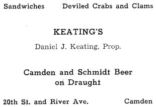 Keating's Tavern advertisement, 20th St. and River Ave., Camden — St. Joseph's Church Golden Anniversary Yearbook, 1943
